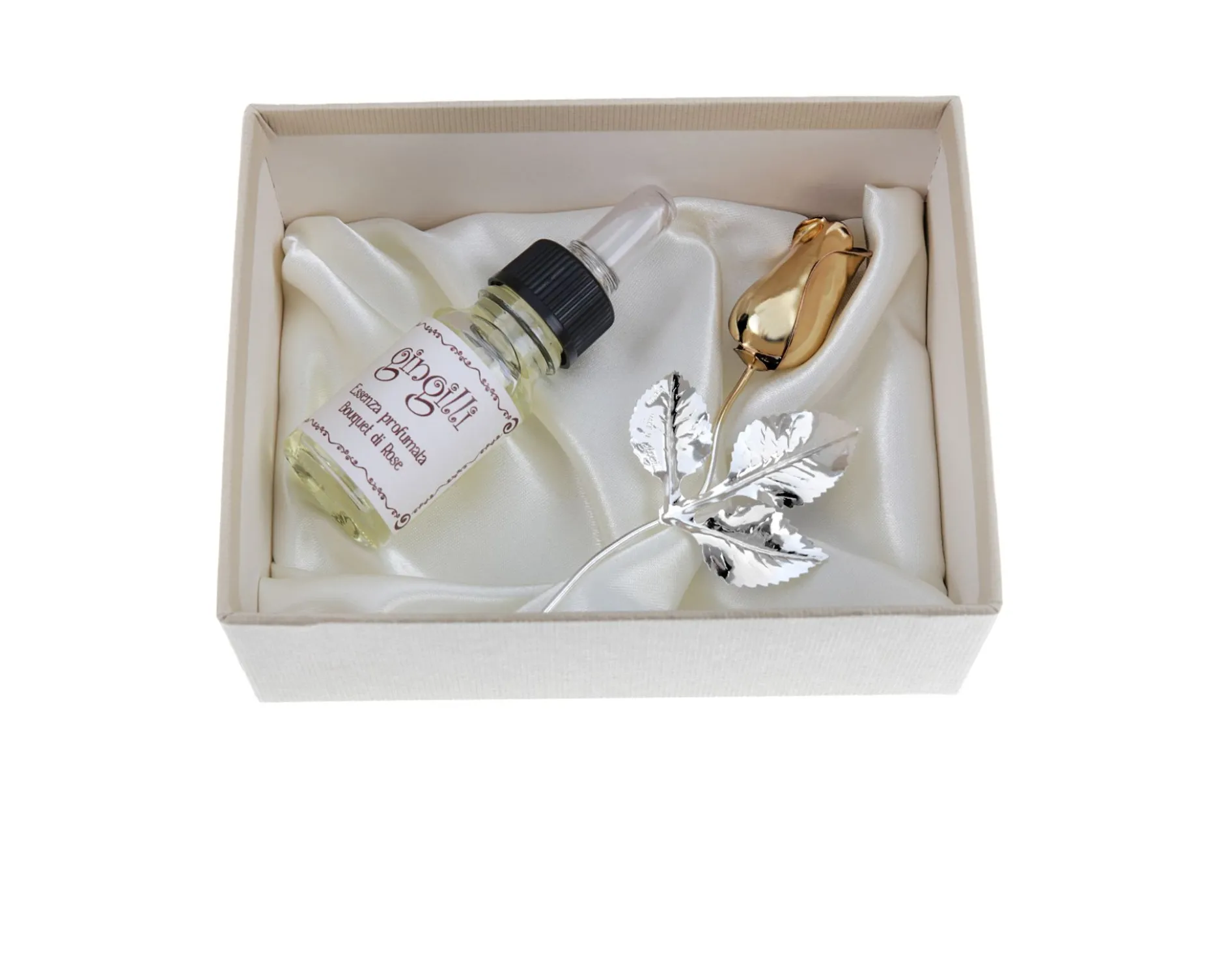 Bomboniera rosetta bocciolo oro silver plated con essenza e scatola Selezione zanolli