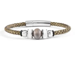 Bracciale flare vetro di murano smalto bianco e pelle verde Murrina murano venezia