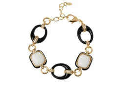 Bracciale ottone finitura dorata con agata bianca e nera smalto nero e zirconi Sovrani