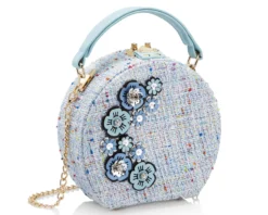 Clutch in tessuto azzurro con cristalli e perline Ottaviani