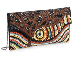 Clutch in tessuto con cristalli, perline e strass multicolore Ottaviani