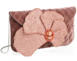 Clutch in velluto con cristalli, perline e strass rosa Ottaviani