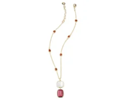 Collana lou ottone finitura oro con occhio di gatto fucsia, madreperla e catena di cristallo granato Sovrani