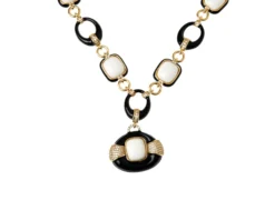 Collana ottone finitura dorata con agata bianca e nera smalto nero e zirconi Sovrani