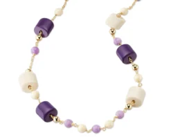 Collana ottone finitura oro con resine viola/panna giada kunzite e bambù Sovrani