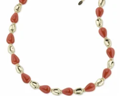 Collana unica ottone finitura oro con pasta di corallo rosso e zirconi Sovrani