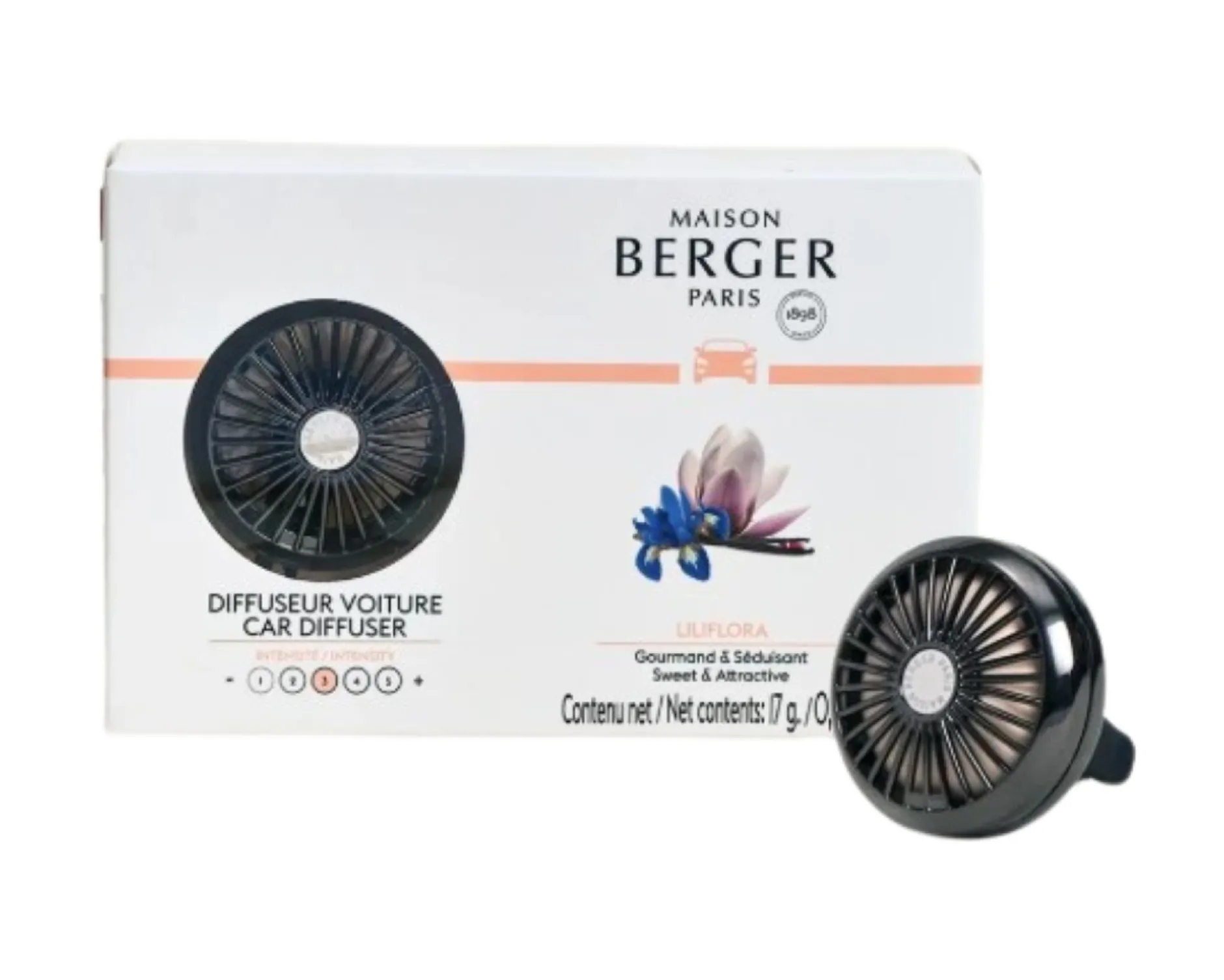 Diffusore auto gun metal con ricarica liliflora Maison berger paris